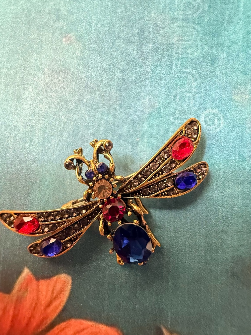 Gold-Tone Dragonfly Brooch with Red and Blue Stones